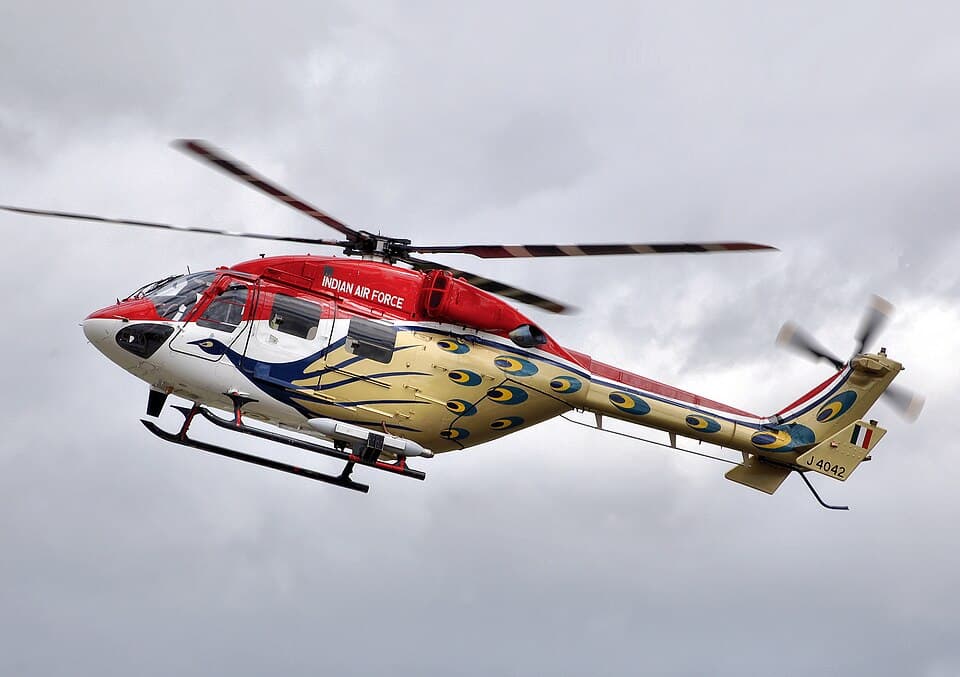 Hindustan ALH Druv helicopter (code J4042) of the Sarang Helicopter Display Team of the Indian Air Force at the Royal International Air Tattoo, Fairford, Glouce