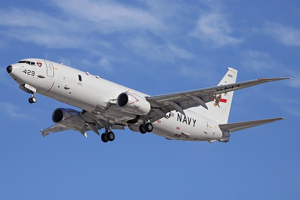 US Navy P-8 Poseidon taking off at Perth Airport. This aircraft took part in the search for Malaysia Airlines Flight 370 .